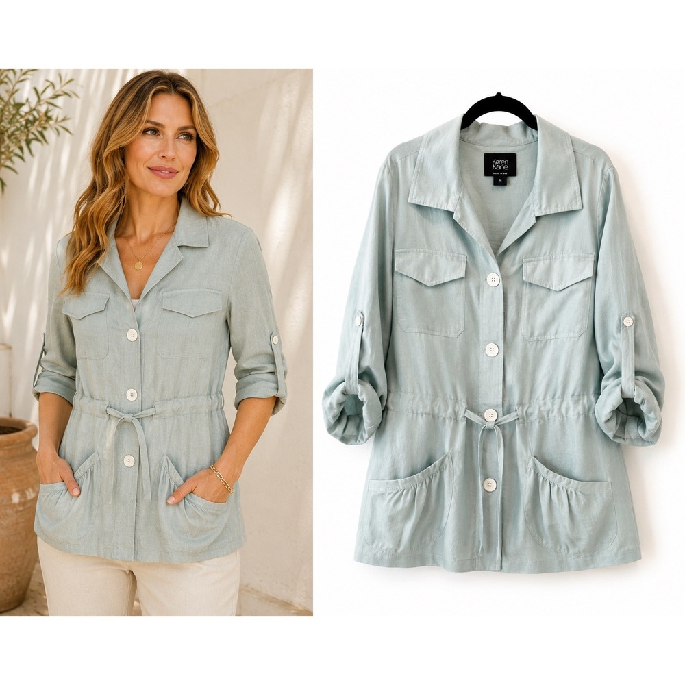 Karen Kane Linen Blend Utility Jacket Safari Shirt Seafoam Blue Tie Waist M USA